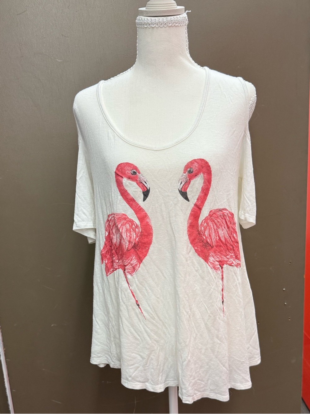 Women’s Cold-Shoulder Top with Pink Flamingo Print